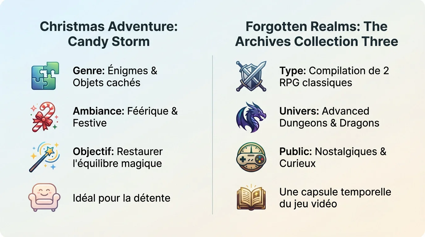 Infographie présentant les jeux Christmas Adventure et Forgotten Realms offerts par Prime Gaming