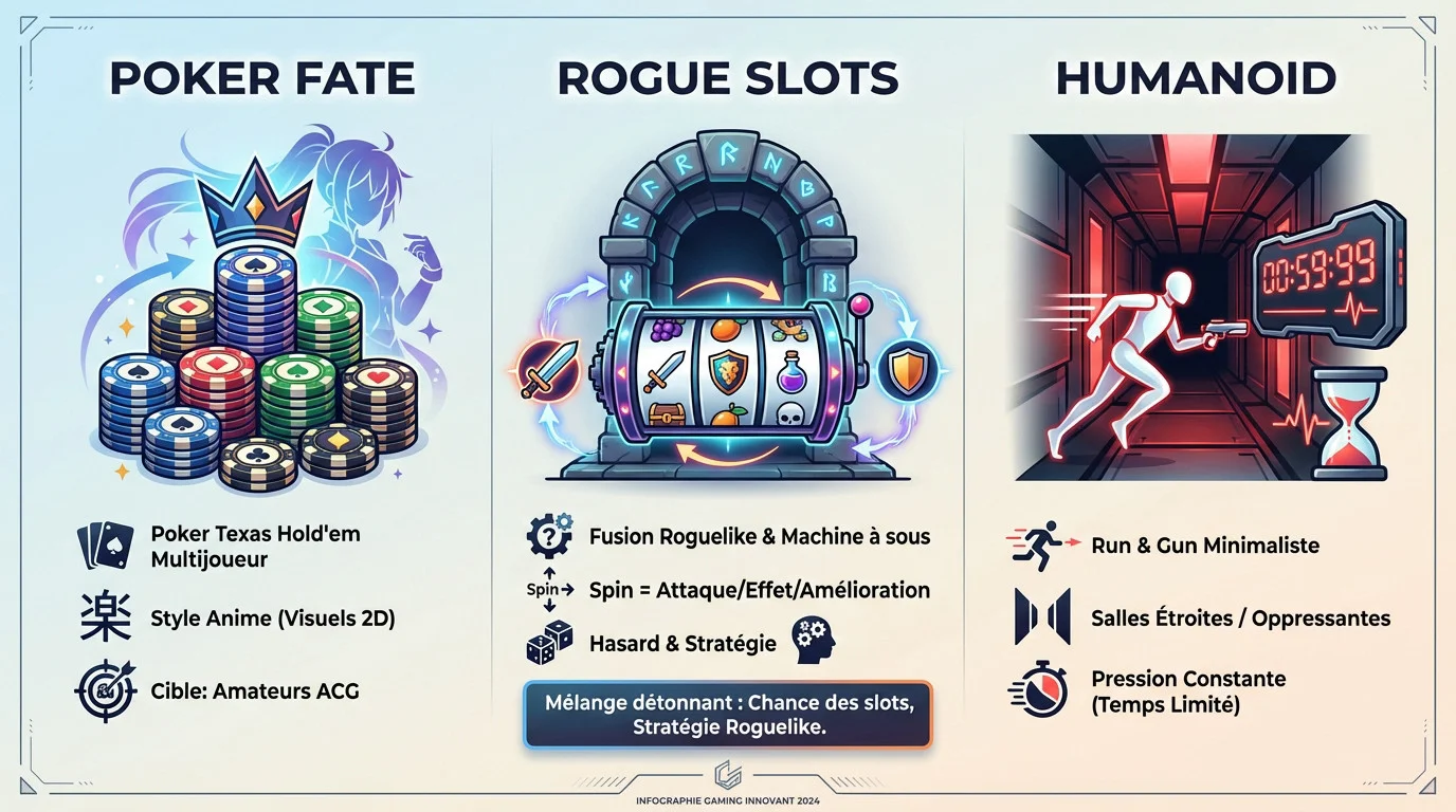 Infographie présentant des concepts de jeux vidéo innovants mêlant hasard et stratégie