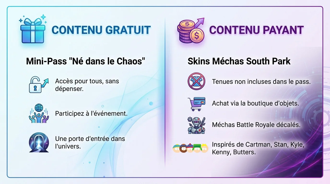 Infographie comparant le contenu gratuit du mini-pass et les skins payants de l'événement Fortnite x South Park