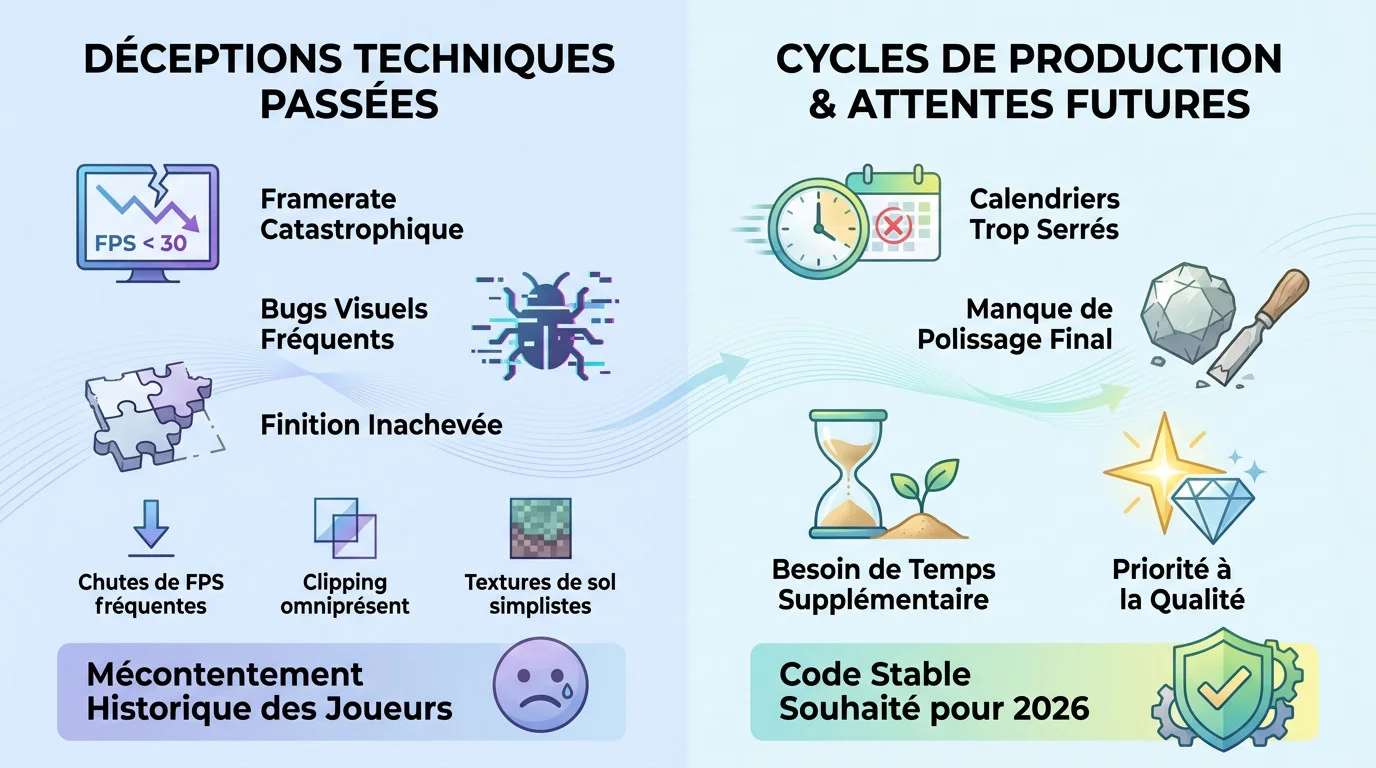 Infographie comparant les déceptions techniques de Pokémon Écarlate et Violet aux attentes graphiques futures