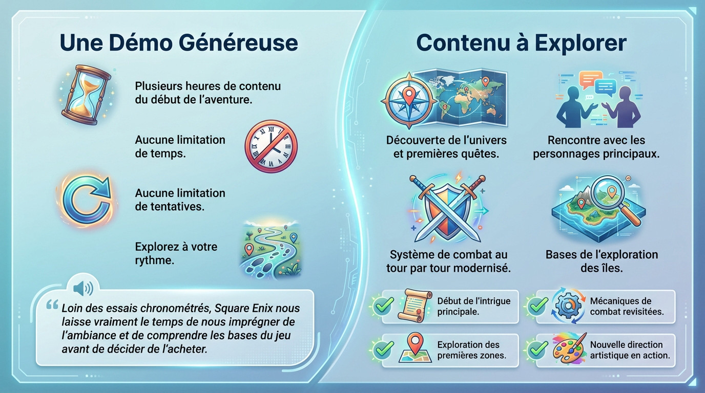 Infographie détaillant le contenu généreux de la démo de Dragon Quest 7 Reimagined