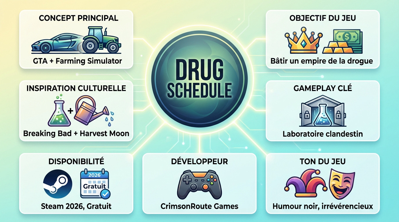 Infographie présentant le concept du jeu Drug Schedule mélangeant gestion criminelle et simulation agricole