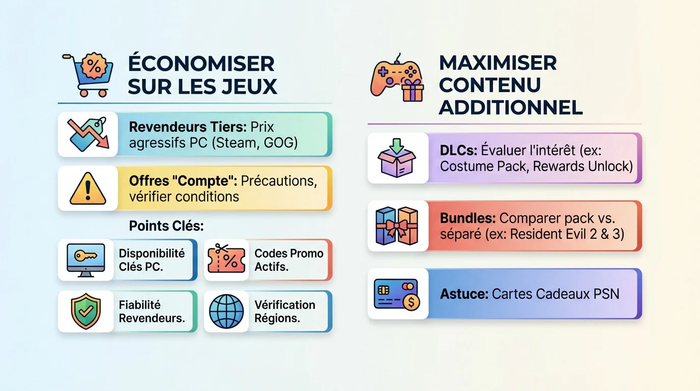 Infographie montrant comment économiser sur les jeux vidéo et les DLC comme Resident Evil 3