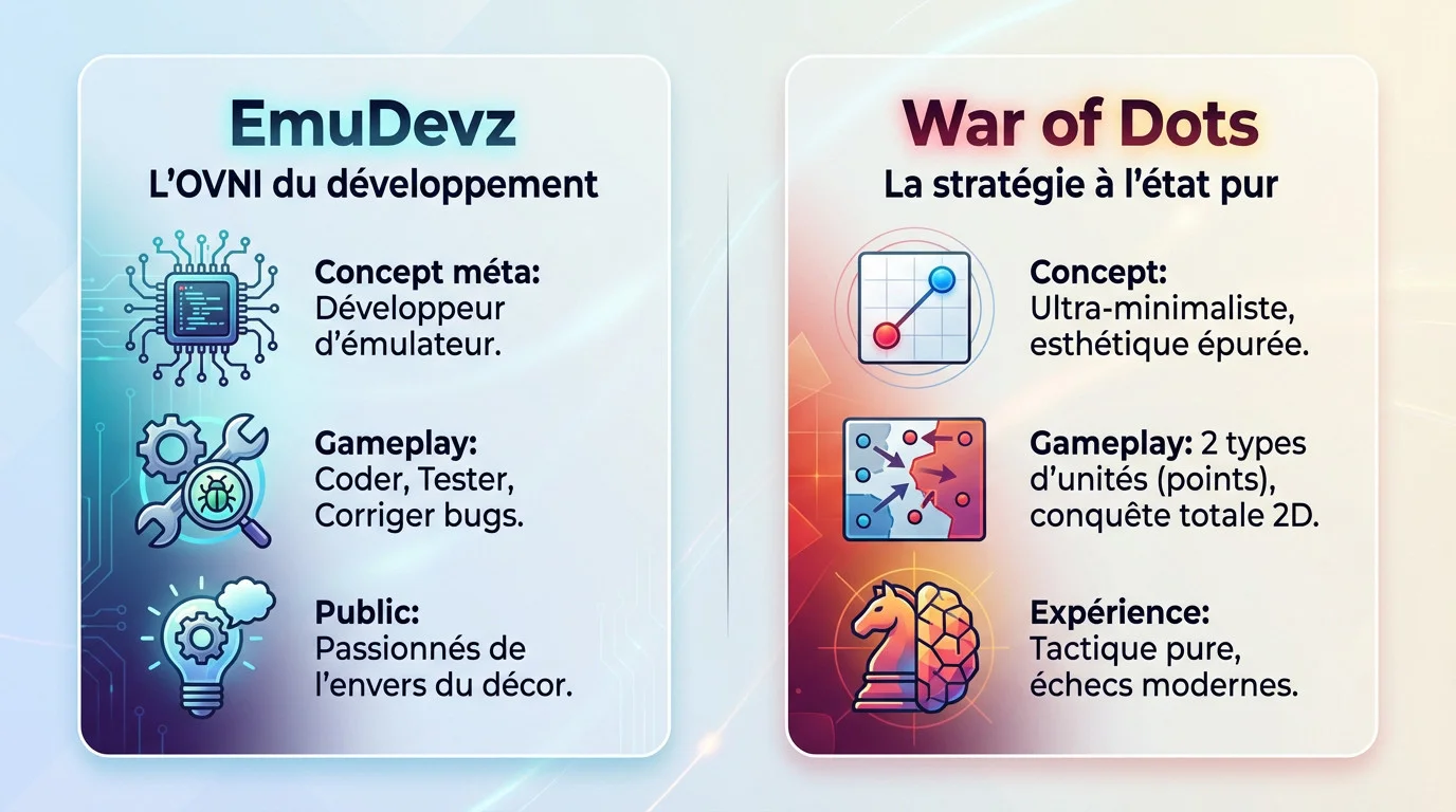 Infographie présentant le gameplay de EmuDevz et War of Dots