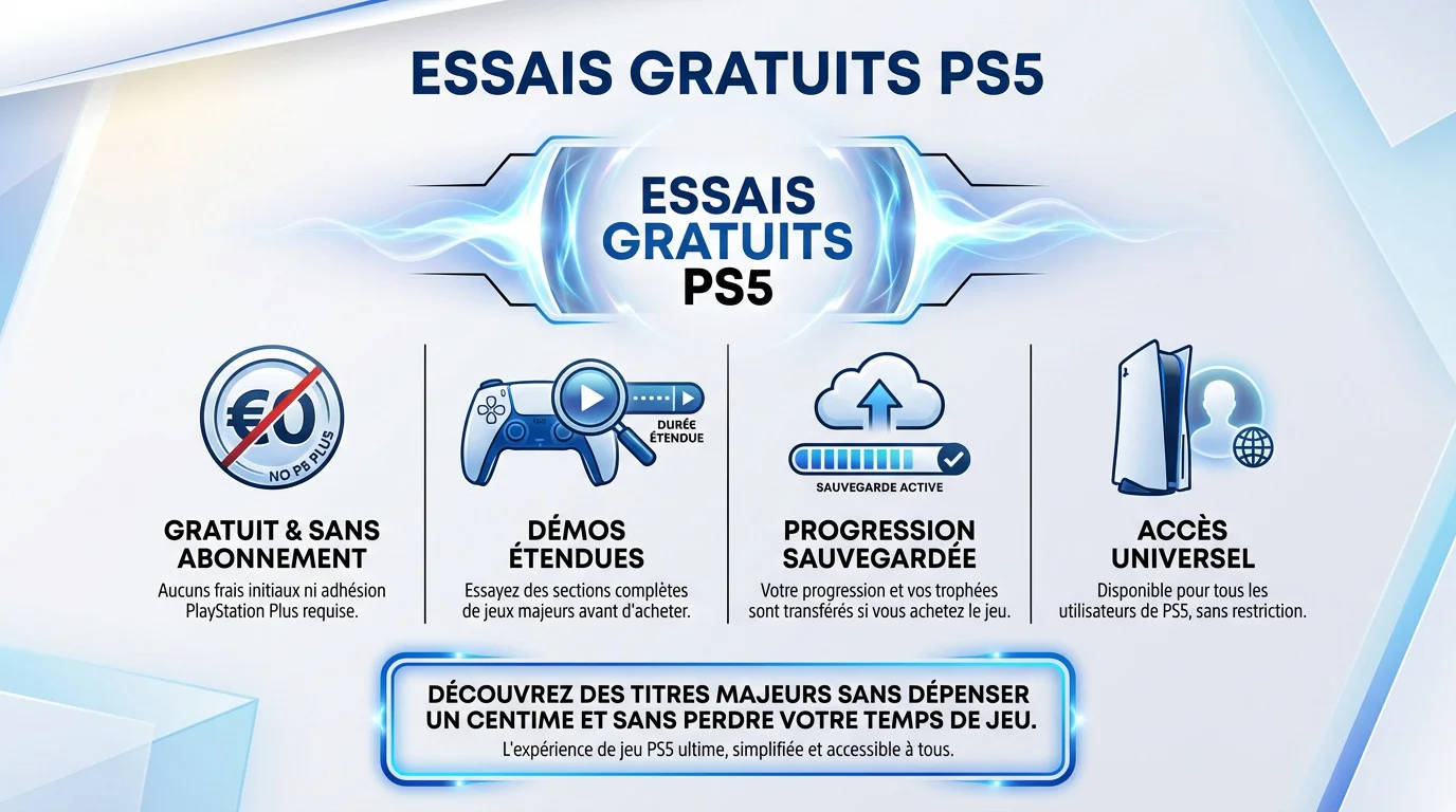 Infographie présentant les essais gratuits de jeux PS5 avec progression sauvegardée