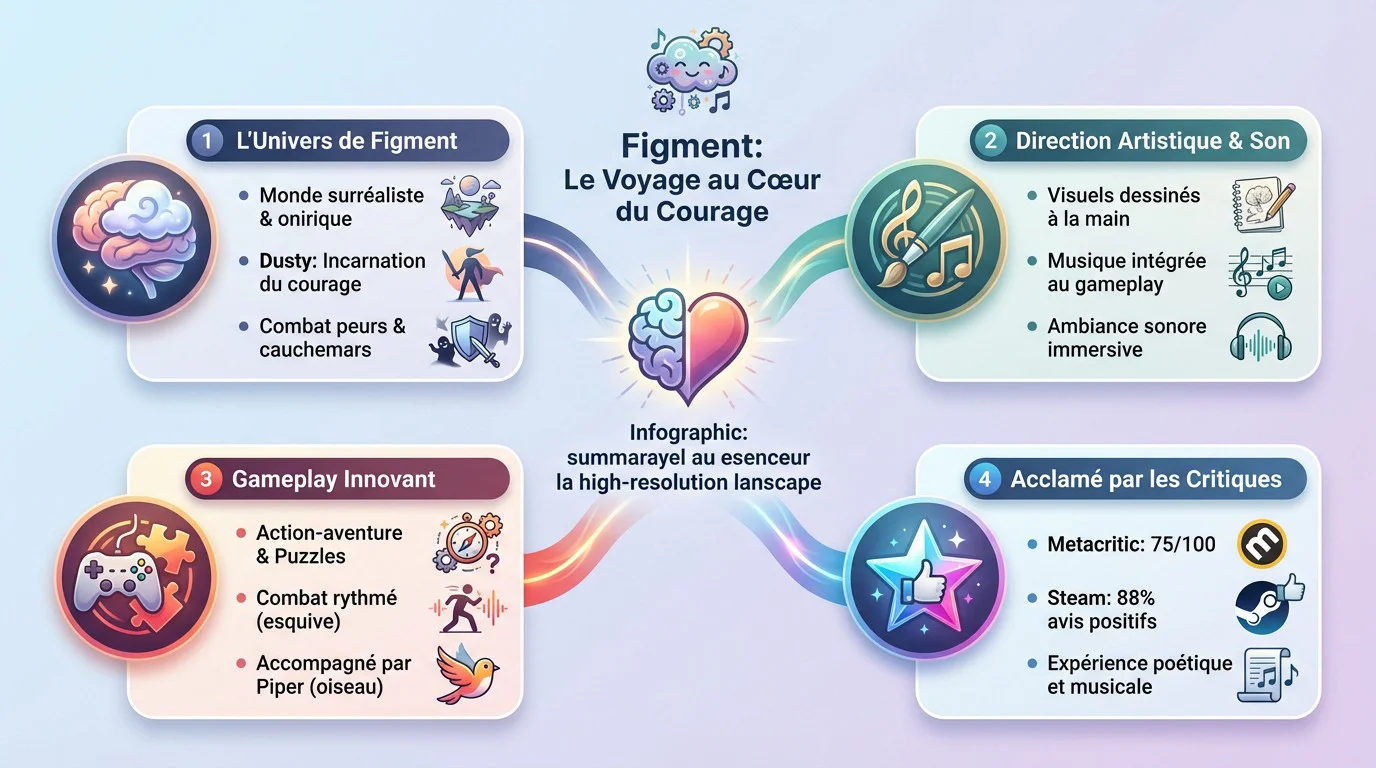 Infographie illustrant le voyage de Dusty dans l'esprit humain dans le jeu Figment