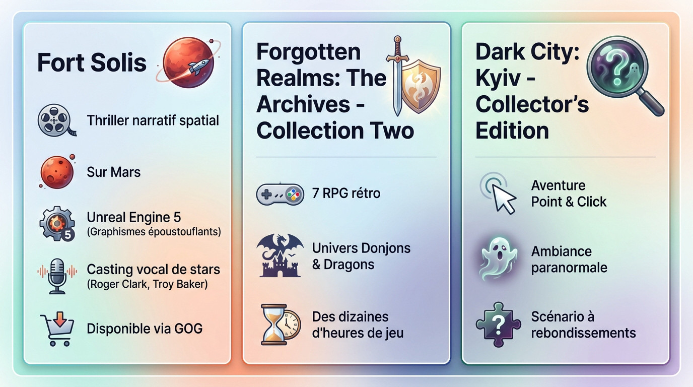 Infographie présentant les jeux Fort Solis, Forgotten Realms et Dark City offerts par Prime Gaming