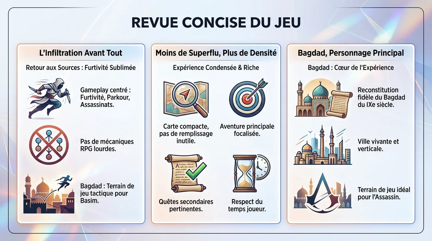 Infographie illustrant les mécaniques de furtivité de Basim dans les rues de Bagdad