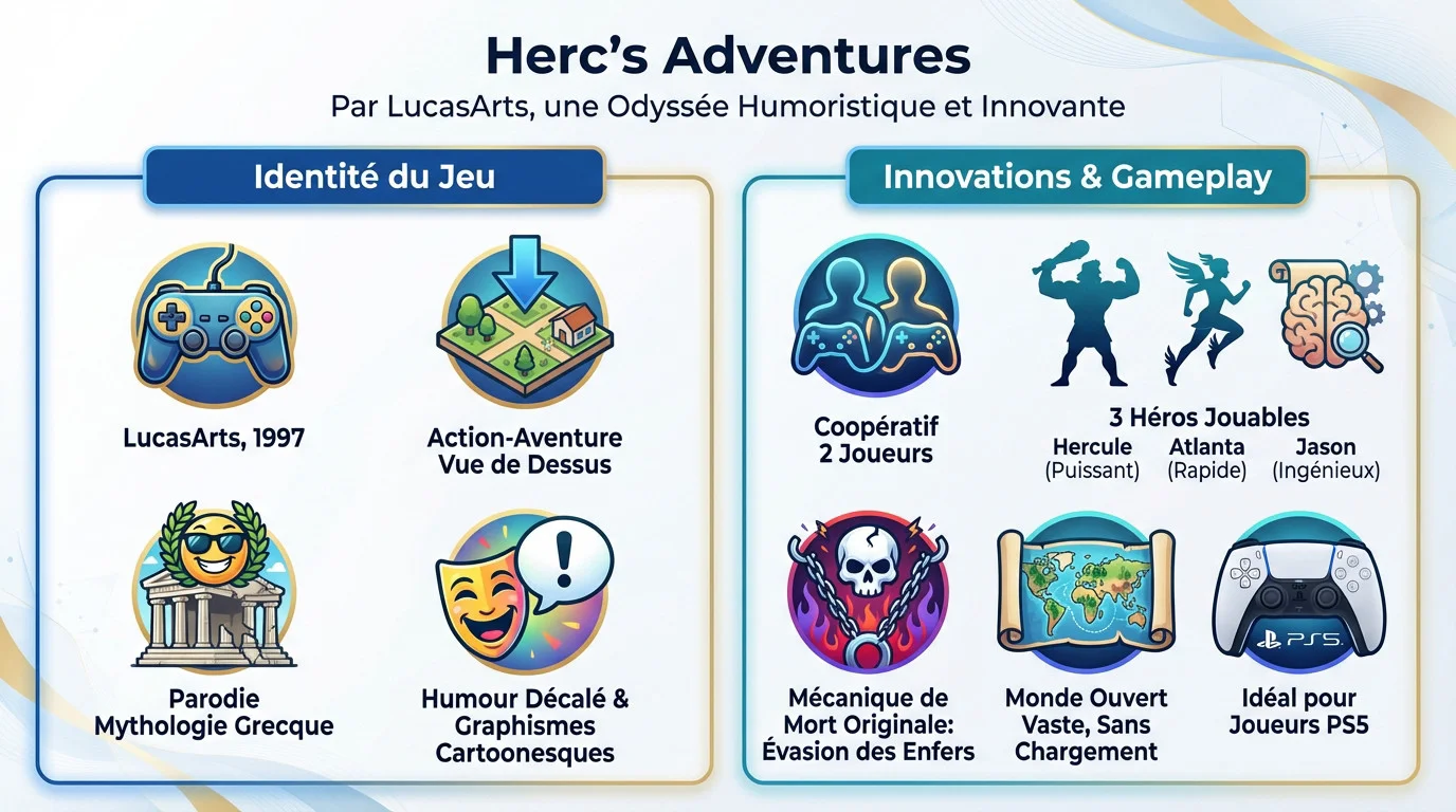 Illustration du jeu culte Herc's Adventures développé par LucasArts mettant en scène Hercule, Atlanta et Jason