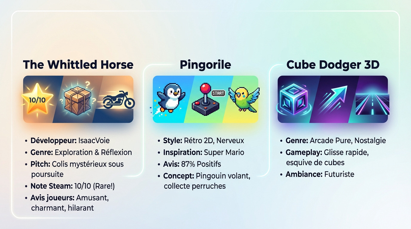 Infographie présentant The Whittled Horse et des jeux rétro arcade