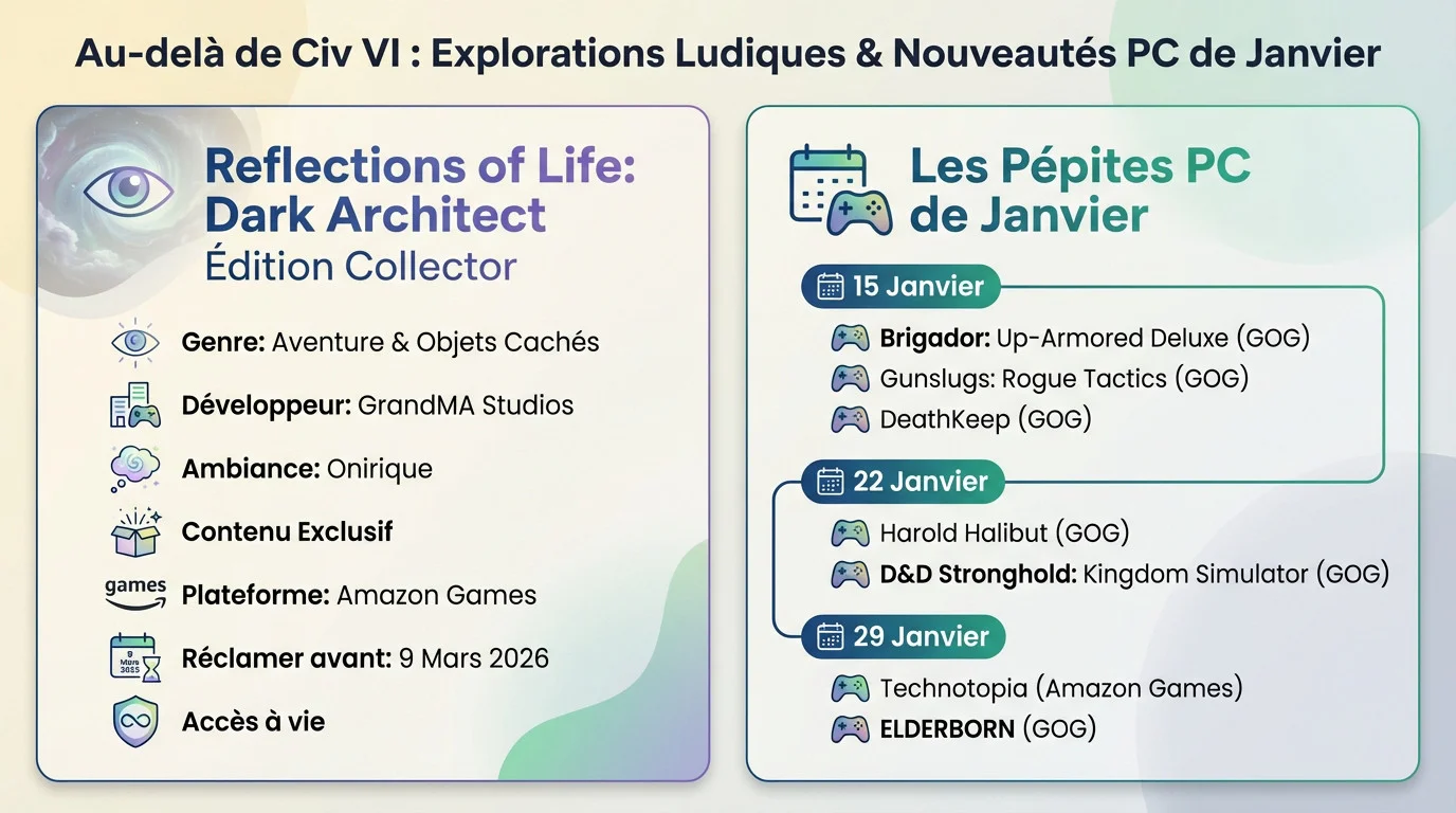Infographie présentant les jeux PC offerts par Prime Gaming en janvier, incluant Reflections of Life et d'autres pépites