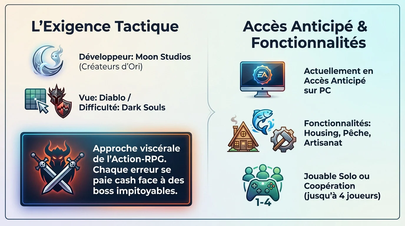 Infographie détaillant le gameplay exigeant et l'accès anticipé du jeu No Rest for the Wicked