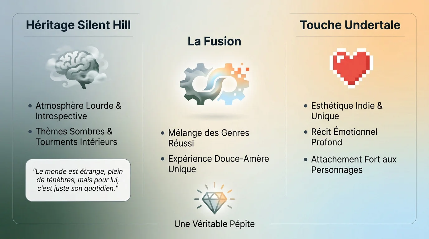 Infographie comparant l'ambiance sombre de Silent Hill et le style émotionnel d'Undertale dans Everyday Devil