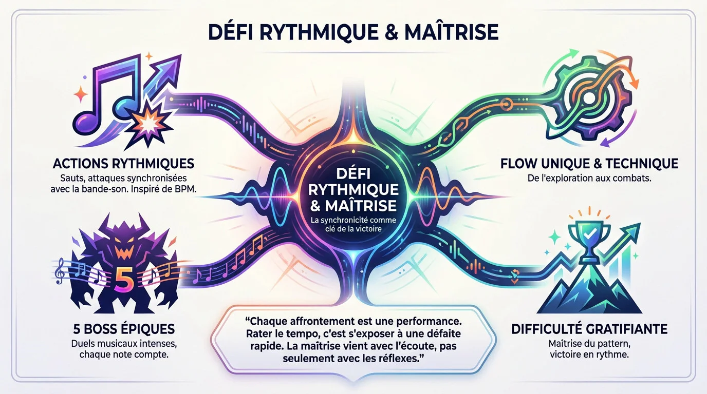 Infographie détaillant les mécaniques rythmiques et les combats de boss dans Monstro Maestro