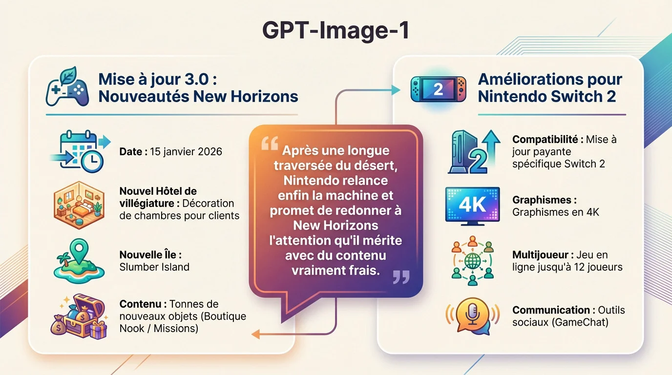 Infographie détaillant les nouveautés de la mise à jour Animal Crossing New Horizons et les spécificités Switch 2