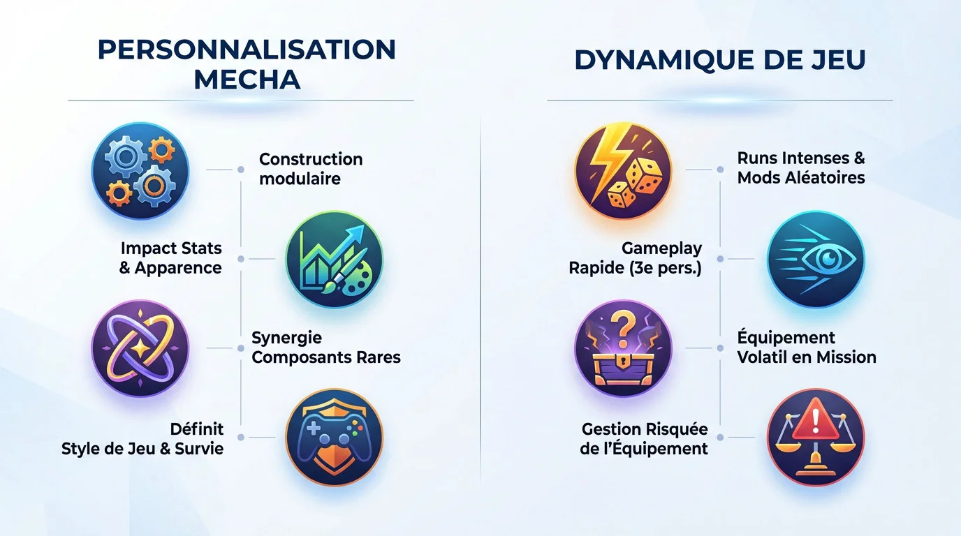 Infographie détaillant la personnalisation des mechas et la dynamique de jeu dans RIG Riot