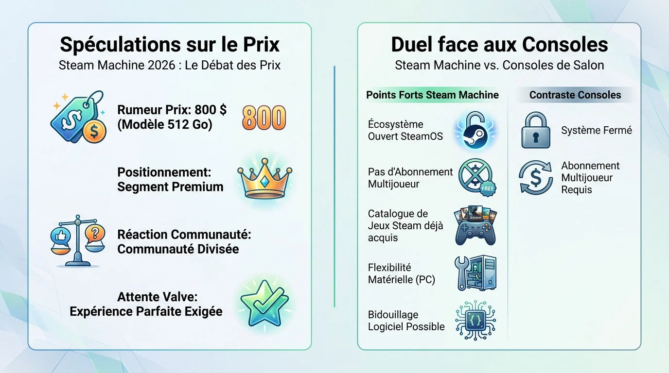 Infographie comparative des prix et avantages de la Steam Machine face aux consoles PS5 et Xbox