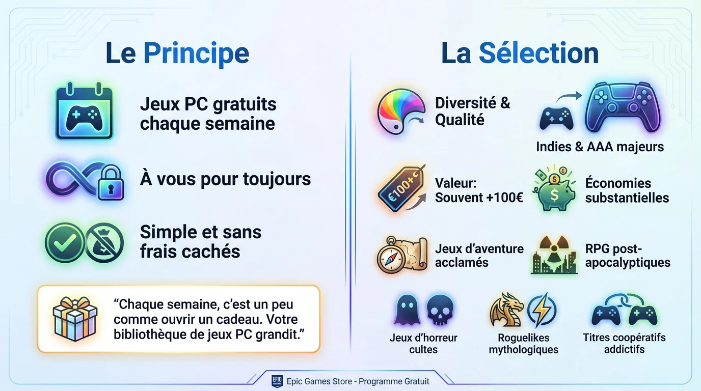 Infographie détaillant le fonctionnement du programme de jeux gratuits sur l'Epic Games Store