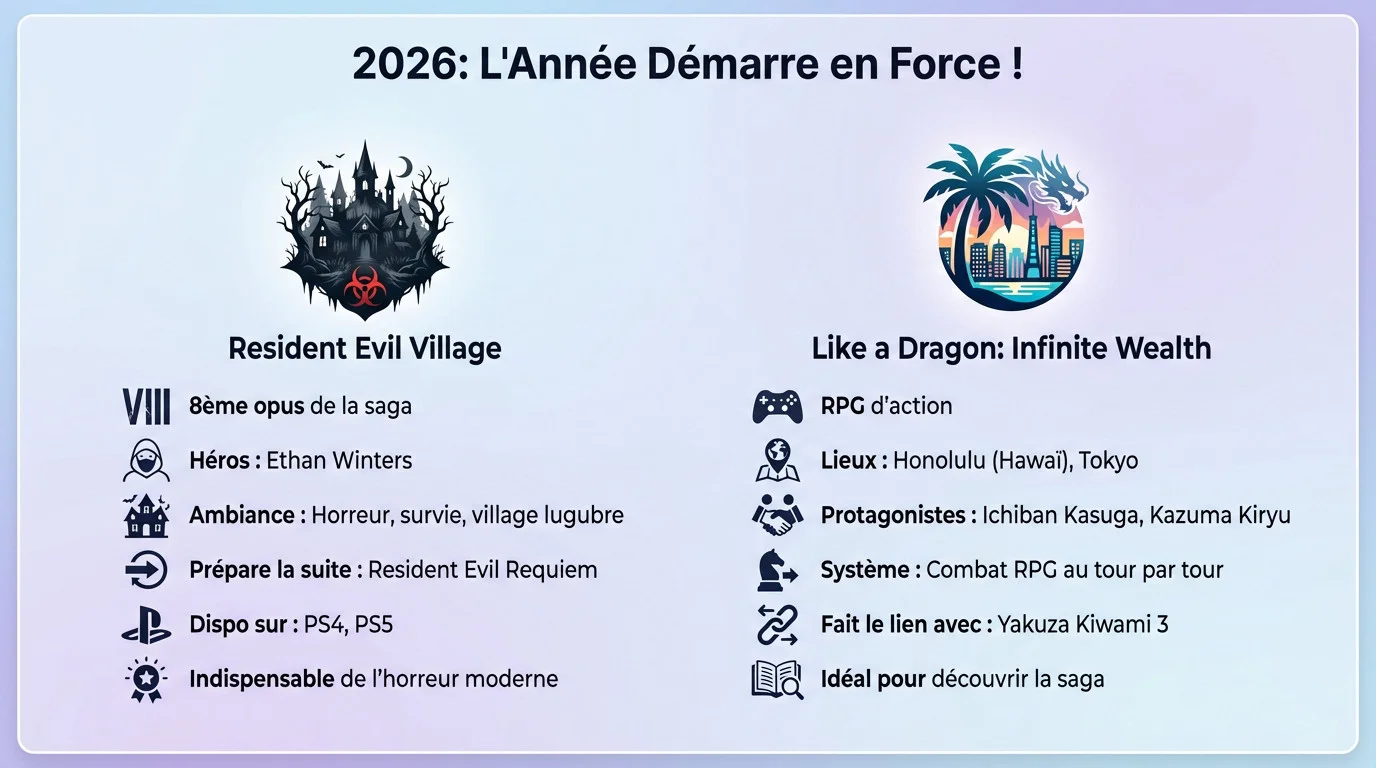 Infographie des sorties majeures de jeux vidéo début 2026 incluant Resident Evil et Yakuza