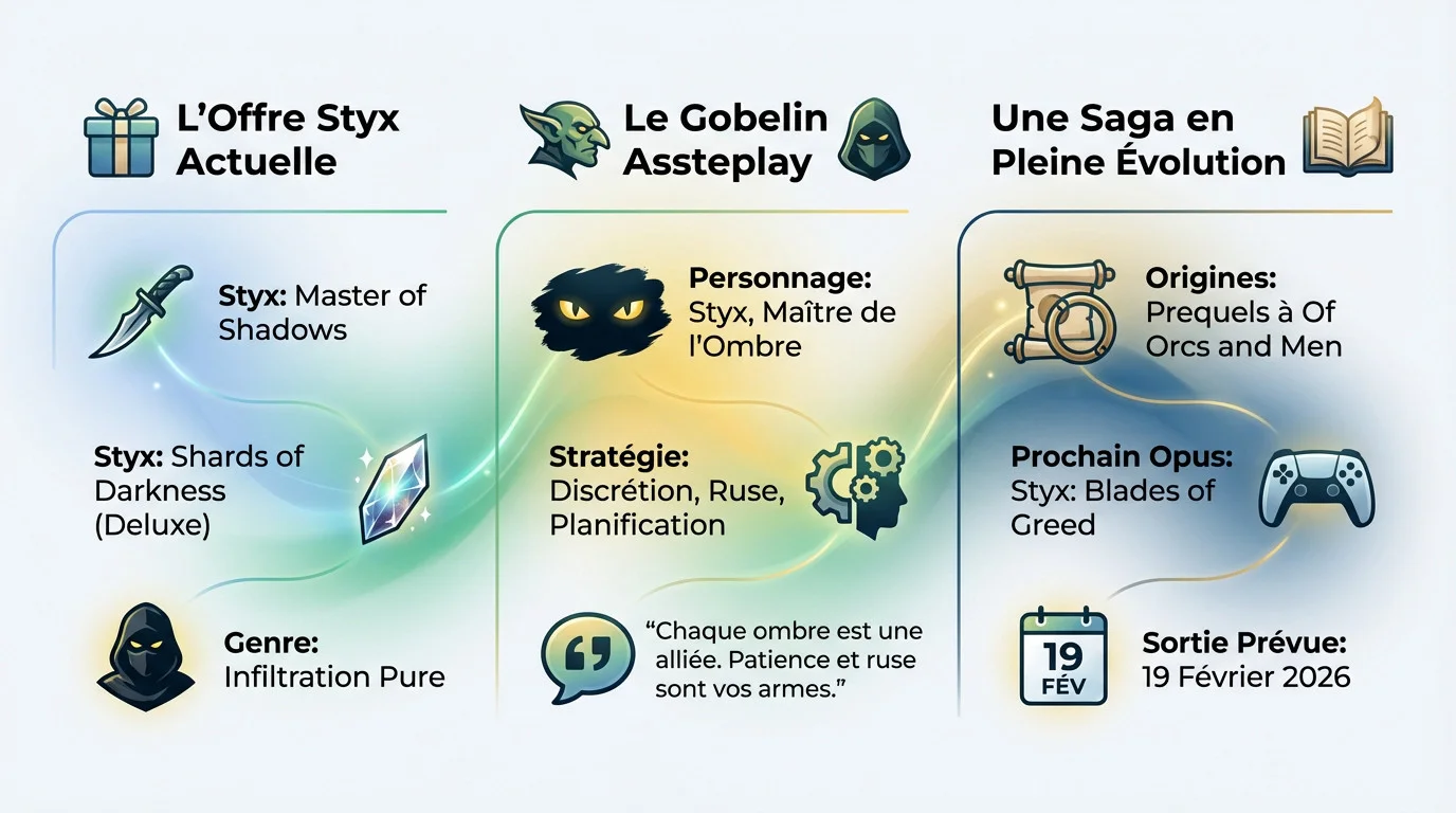 Infographie présentant le gameplay d'infiltration des jeux Styx et l'avenir de la saga