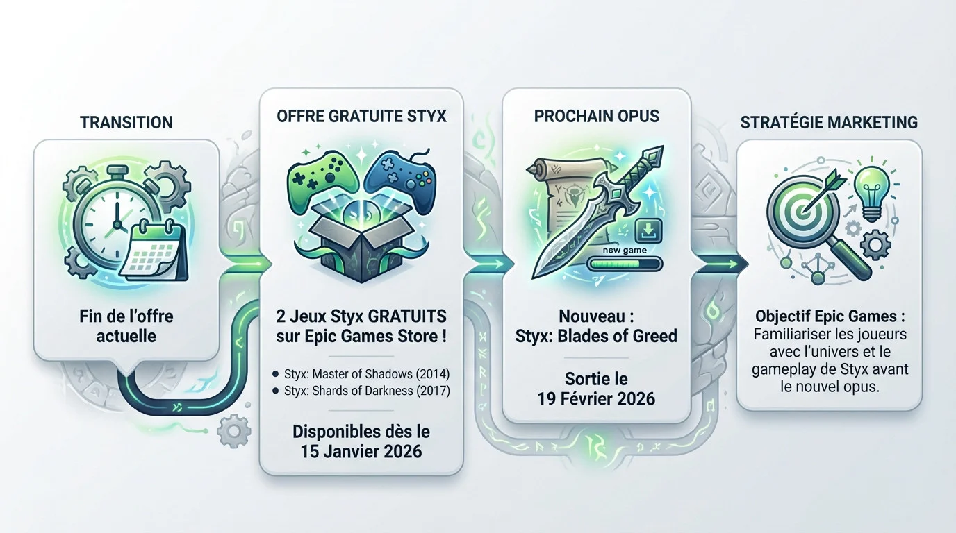Infographie présentant l'offre des jeux Styx gratuits et l'arrivée de Blades of Greed