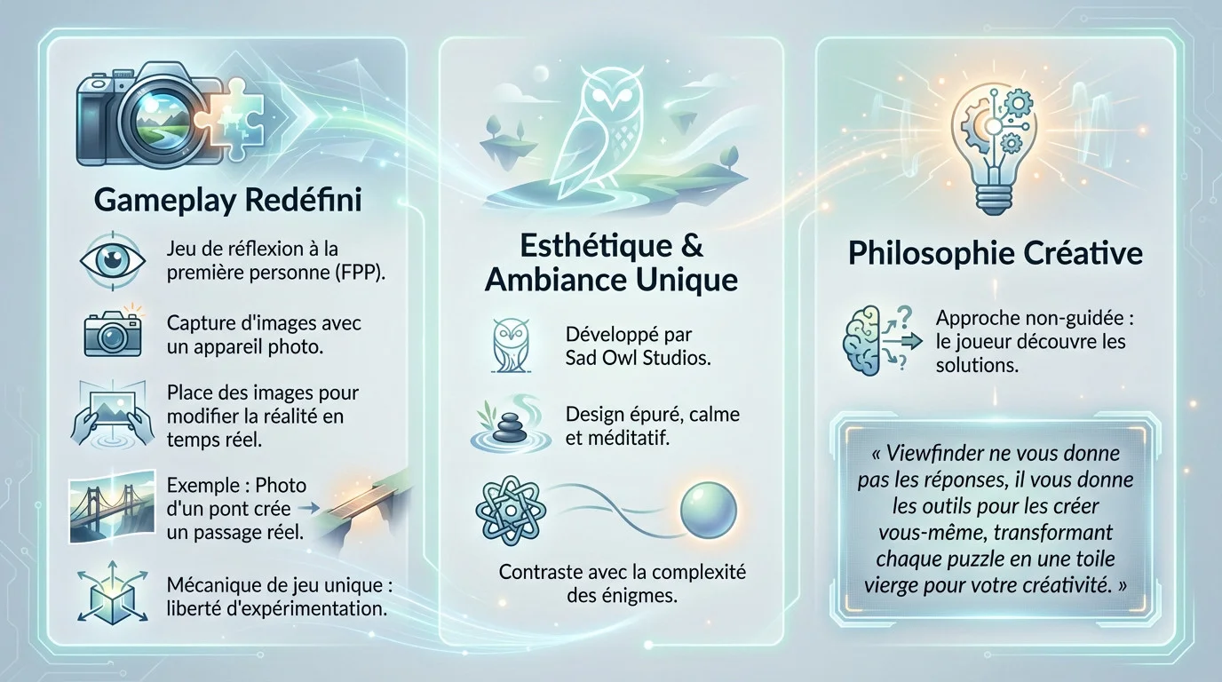 Infographie illustrant le gameplay unique de manipulation de perspective et l'esthétique épurée de Viewfinder