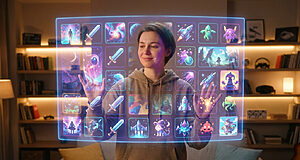 Young adult interacts with a large, glowing holographic screen displaying diverse stylized game icons in a warm home gaming environment.