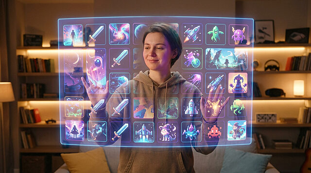 Young adult interacts with a large, glowing holographic screen displaying diverse stylized game icons in a warm home gaming environment.