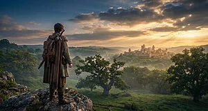 A cloaked adventurer stands on a rocky outcrop, gazing at a majestic castle town in a wide, misty, golden-hour landscape.