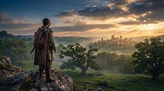 A cloaked adventurer stands on a rocky outcrop, gazing at a majestic castle town in a wide, misty, golden-hour landscape.