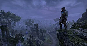 A hooded adventurer in dark armor stands on a cliff, overlooking ancient, glowing ruins in a vast, misty blue-purple fantasy landscape.