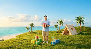 A joyful person on a sunny island holding a gift box, surrounded by more presents, palm trees, and a tent by the turquoise ocean.
