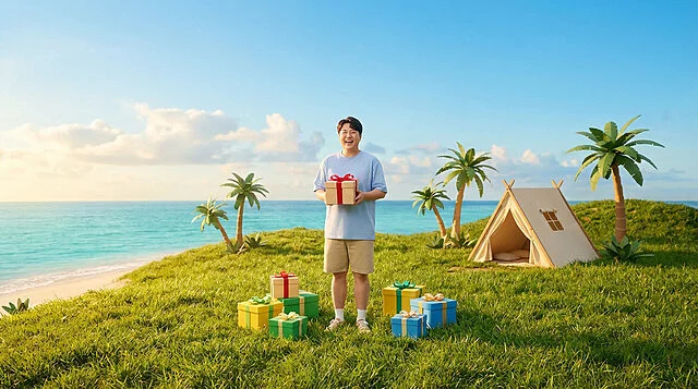 Joyful Gifts on a Sunny Island Paradise A joyful person on a sunny island holding a gift box, surrounded by more presents, palm trees, and a tent by the turquoise ocean.