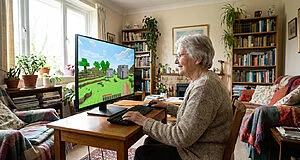 Side profile of a smiling elderly woman with glasses, engaged in playing a pixelated video game on a large monitor in a sunlit, cozy living room. Her hands are on the keyboard and mouse, surrounded by bookshelves and houseplants.