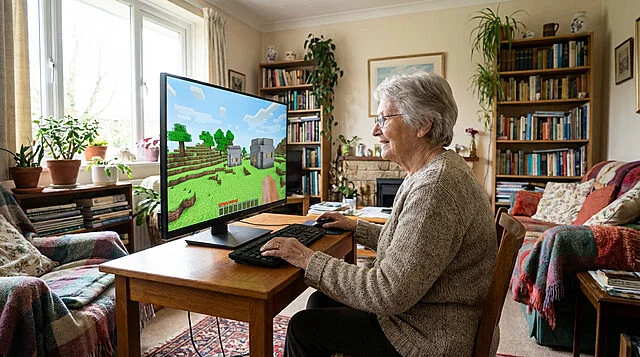 Joyful Senior Gamer Side profile of a smiling elderly woman with glasses, engaged in playing a pixelated video game on a large monitor in a sunlit, cozy living room. Her hands are on the keyboard and mouse, surrounded by bookshelves and houseplants.
