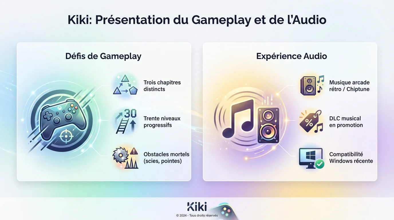 Gameplay de Kiki jeu de plateforme 3D avec obstacles et ambiance chiptune