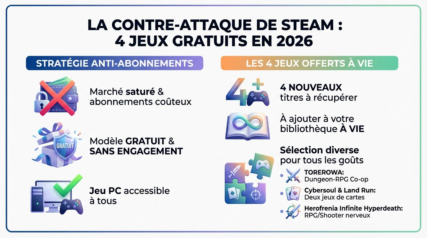 L'offensive steam jeux gratuits 2026 avec quatre titres offerts
