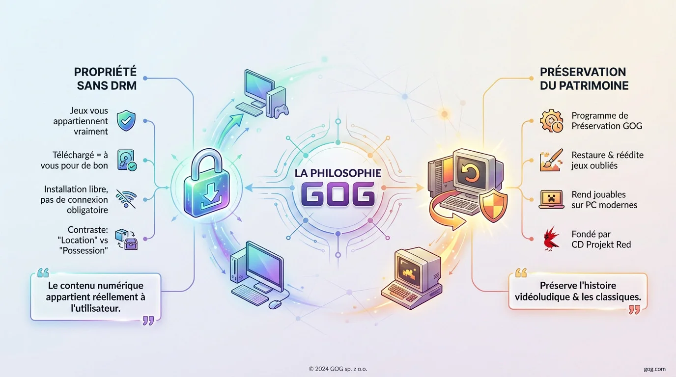 Illustration de la philosophie GOG : jeux sans DRM et préservation du patrimoine vidéoludique