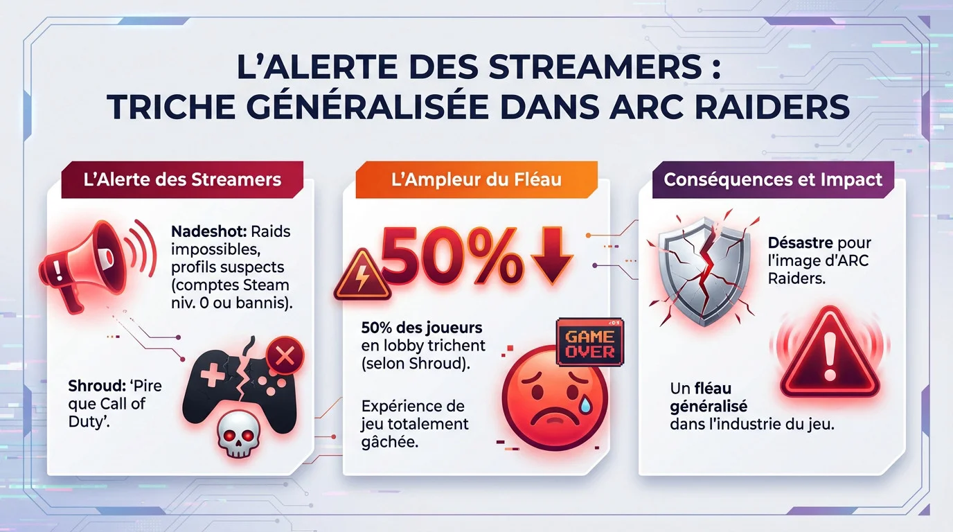 Streamer désemparé face à un écran de jeu montrant des statistiques de triche dans ARC Raiders