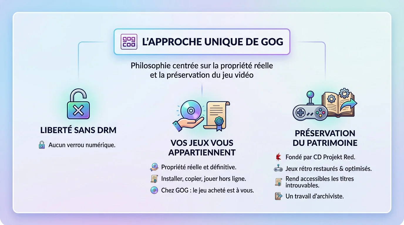 Interface GOG mettant en avant la liberté sans DRM pour les joueurs