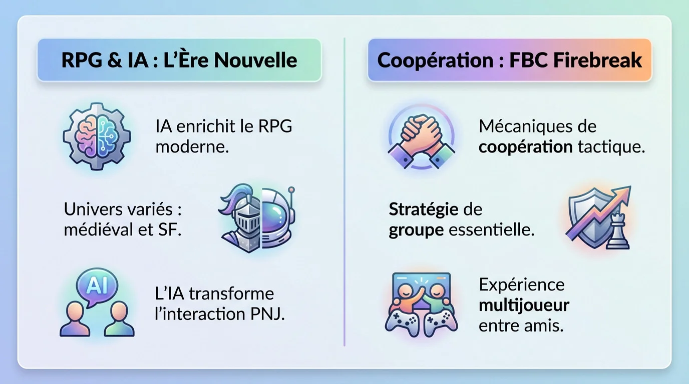 Illustration d'un univers de jeu vidéo mélangeant RPG médiéval et technologies d'intelligence artificielle
