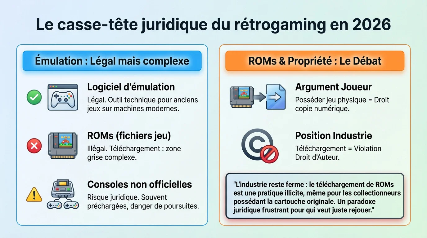 Illustration des défis légaux pour le jeux rétro accès 2026