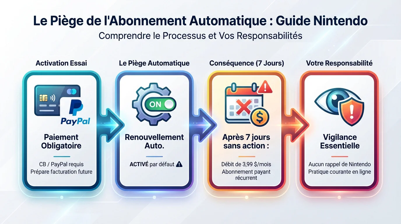 Interface Nintendo eShop illustrant le renouvellement automatique activé par défaut pour l'abonnement Switch Online