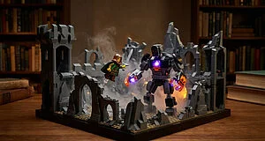 Dynamic LEGO diorama: a green-caped hero battles a glowing dark grey monster in an ancient, ruined castle setting with dramatic lighting.