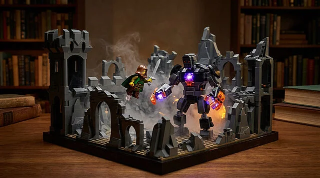 LEGO Battle Royale: Hero's Last Stand Dynamic LEGO diorama: a green-caped hero battles a glowing dark grey monster in an ancient, ruined castle setting with dramatic lighting.