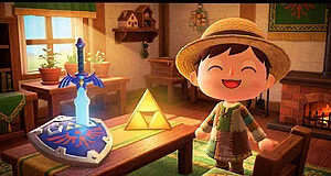 Smiling life sim villager in cozy home with glowing sword, shield, and Triforce-like emblem.