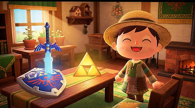 Life Sim Hero's New Treasures Smiling life sim villager in cozy home with glowing sword, shield, and Triforce-like emblem.