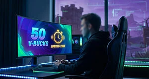 Gamer seated at a vibrant, futuristic setup, focused on a monitor displaying '50 V-BUCKS LIMITED-TIME' reward. Blurred Fortnite-like background.
