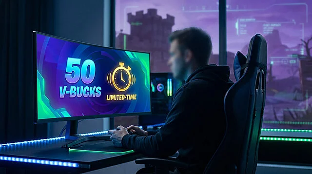 Gamer seated at a vibrant, futuristic setup, focused on a monitor displaying '50 V-BUCKS LIMITED-TIME' reward. Blurred Fortnite-like background.