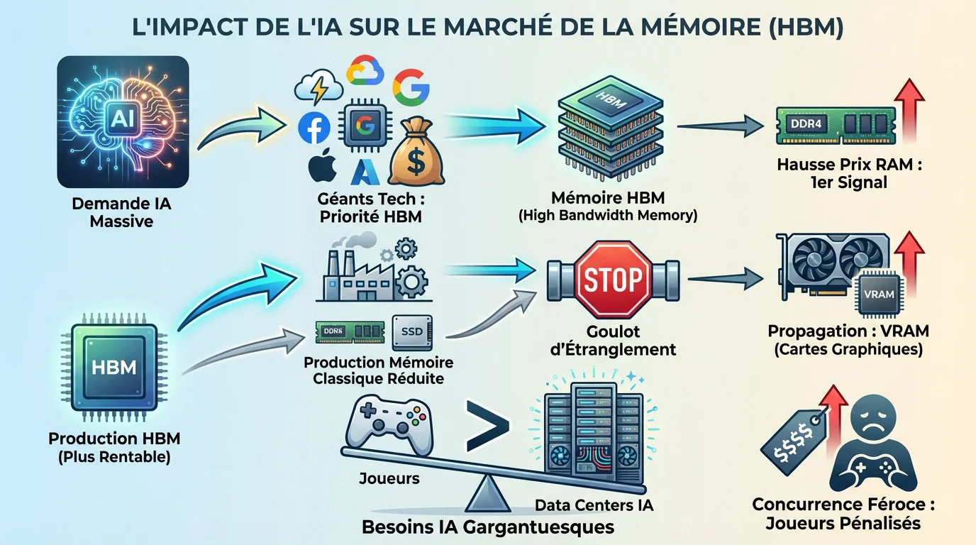Schéma illustrant l'impact de la demande en IA sur la production de mémoire HBM et la pénurie de composants PC